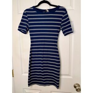 H&M Divided Bodycon Dress Womens Size 8 Navy Blue Excellent Striped Ribbed Knit